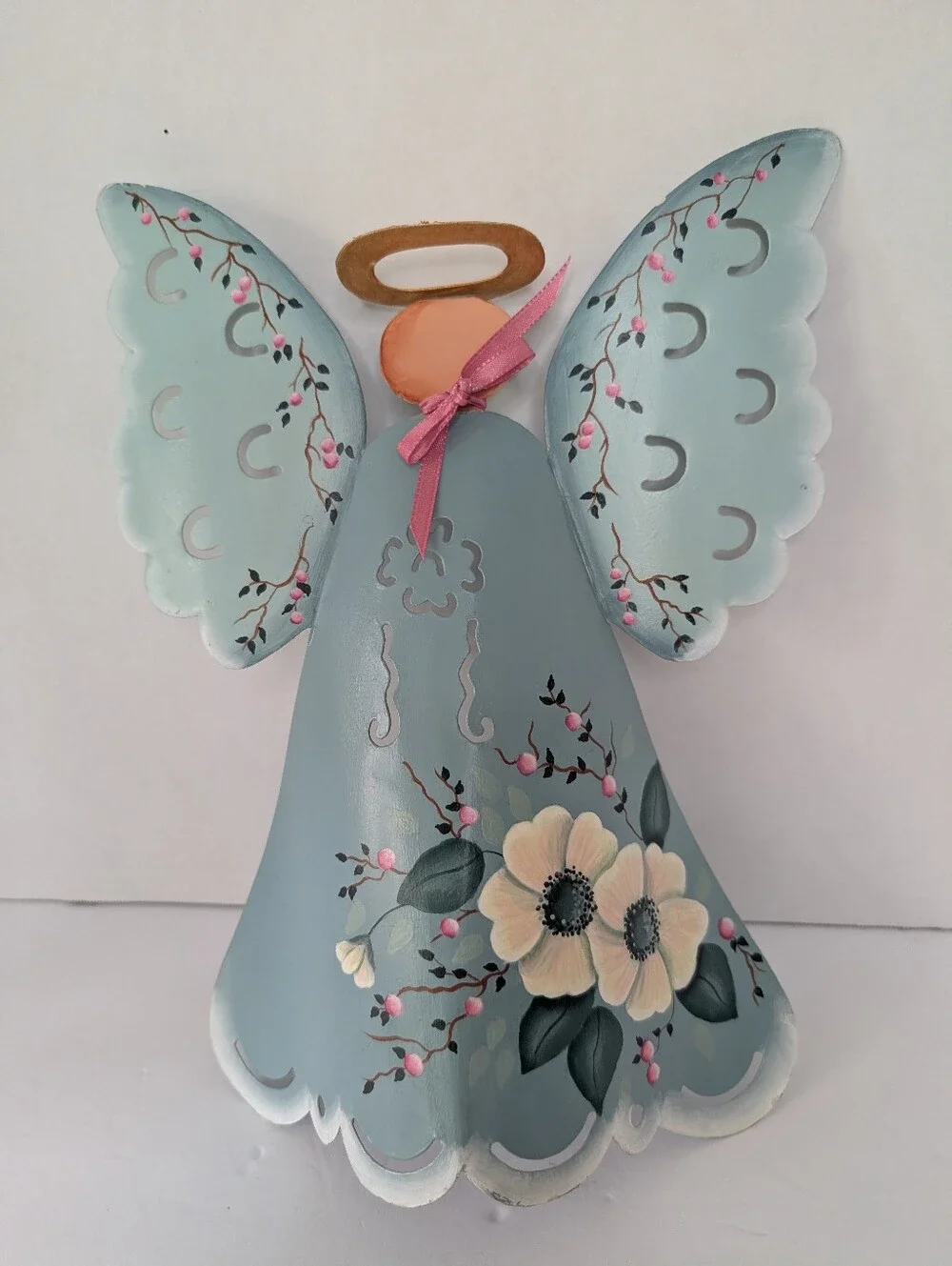 VTG Hand-Painted Metal Tole Blue Floral Angel Wall Decor- Signed